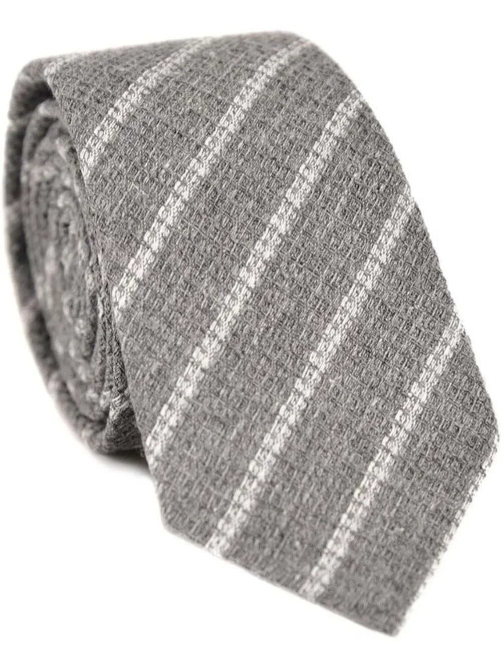 Men's Grey Cotton Linen Waffle Striped Textured Formal Slim Necktie For Business